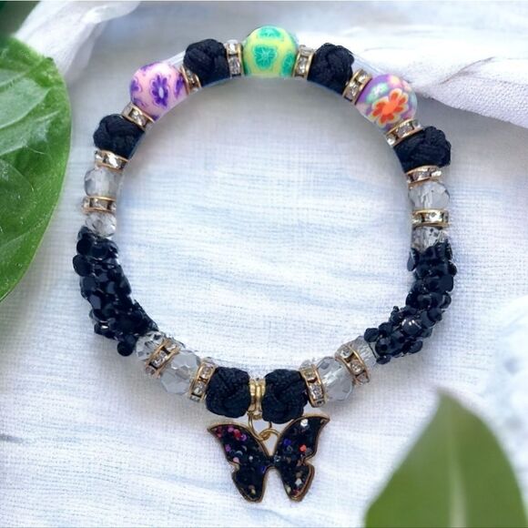 Butterfly Sparkly Beaded Black Cord Bracelet Handmade Stretchy Cottagecore New - Picture 4 of 9